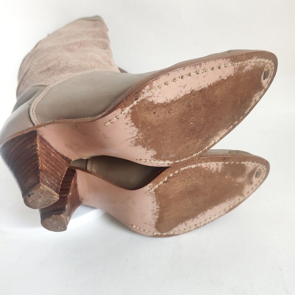 Vintage Neutral Suede Leather Pull On Boho Ankle Boots Size 6.5 Western Mid-Calf - Picture 7 of 11
